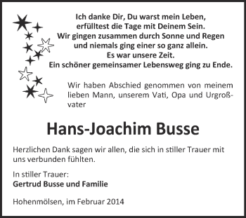 Traueranzeige von Hans-Joachim Busse von WVG - Wochenspiegel NMB / WSF / ZTZ
