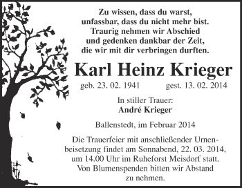 Traueranzeige von Karl Heinz Krieger von WVG - Wochenspiegel Quedlinburg
