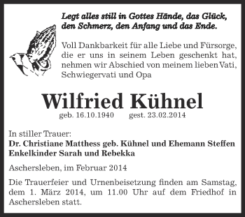 Traueranzeige von Wilfried Kühnel von WVG - Wochenspiegel Aschersleben