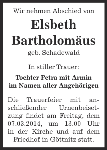 Traueranzeige von Elsbeth Bartholomäus von WVG - Wochenspiegel Bitterfeld