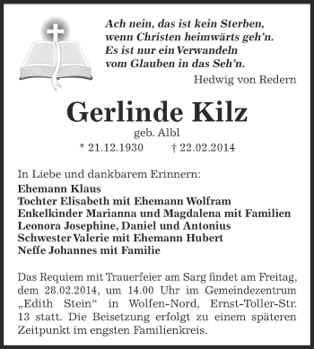Traueranzeige von Gerlinde Kilz von WVG - Wochenspiegel Bitterfeld