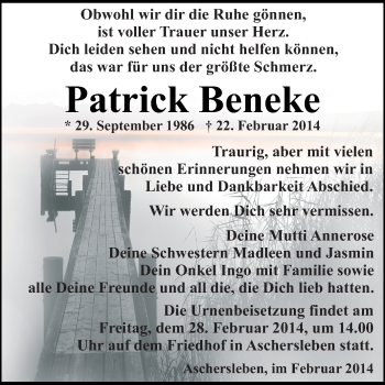 Traueranzeige von Patrick Beneke von WVG - Wochenspiegel Quedlinburg