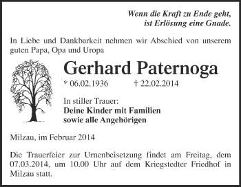Traueranzeige von Gerhard Paternoga von WVG - Wochenspiegel Merseburg