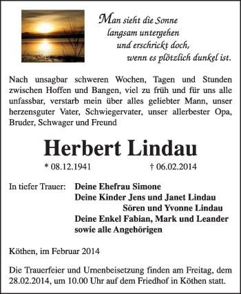 Traueranzeige von Herbert Lindau von Super Sonntag Dessau / Köthen