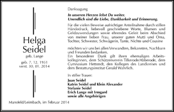 Traueranzeige von Helga Seidel von Mitteldeutsche Zeitung Mansfelder Land