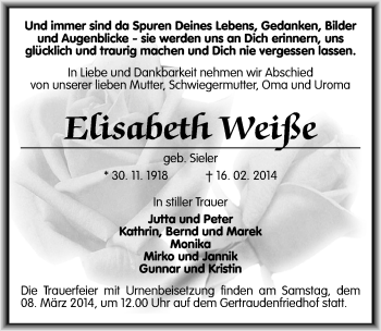 Traueranzeige von Elisabeth Weiße von  Mitteldeutsche Zeitung Halle/Saalkreis