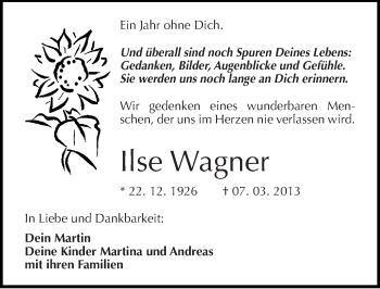 Traueranzeige von Ilse Wagner von Mitteldeutsche Zeitung Naumburg/Nebra