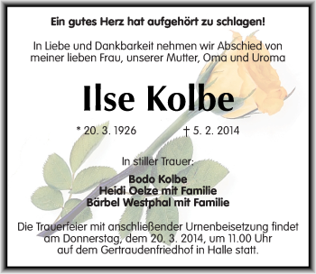 Traueranzeige von Ilse Kolbe von Mitteldeutsche Zeitung Halle/Saalkreis