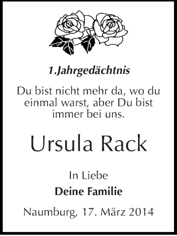 Traueranzeige von Ursula Rack von Mitteldeutsche Zeitung Naumburg/Nebra