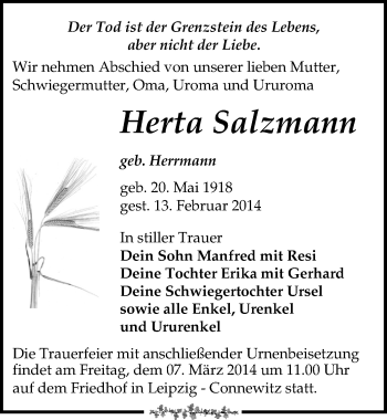 Traueranzeige von Herta Salzmann von Mitteldeutsche Zeitung Merseburg/Querfurt