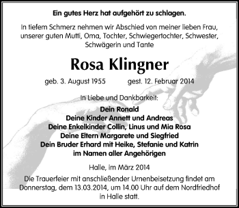 Traueranzeige von Rosa Klingner von Mitteldeutsche Zeitung Halle/Saalkreis