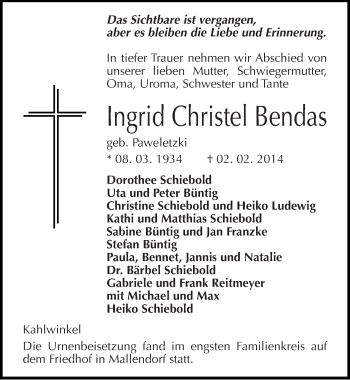 Traueranzeige von Ingrid Christel Bendas von Mitteldeutsche Zeitung Naumburg/Nebra