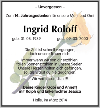 Traueranzeige von Ingrid Roloff von Mitteldeutsche Zeitung Halle/Saalkreis