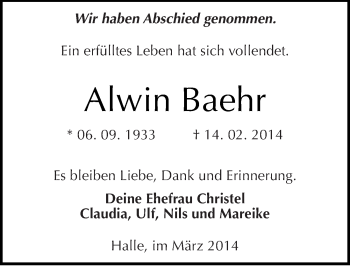 Traueranzeige von Alwin Baehr von Mitteldeutsche Zeitung Halle/Saalkreis