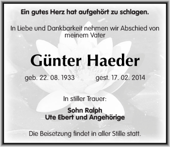 Traueranzeige von Günter Haeder von Mitteldeutsche Zeitung Halle/Saalkreis