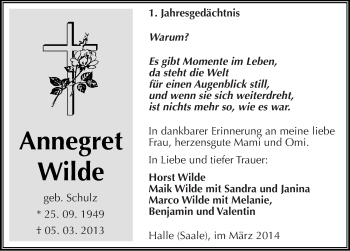 Traueranzeige von Annegret Wilde von Mitteldeutsche Zeitung Halle/Saalkreis