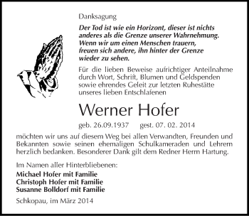 Traueranzeige von Werner Hofer von Mitteldeutsche Zeitung Merseburg/Querfurt