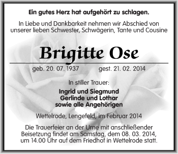 Traueranzeige von Brigitte Ose von Mitteldeutsche Zeitung Sangerhausen