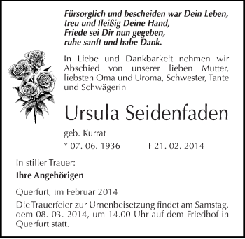 Traueranzeige von Ursula Seidenfaden von Mitteldeutsche Zeitung Merseburg/Querfurt