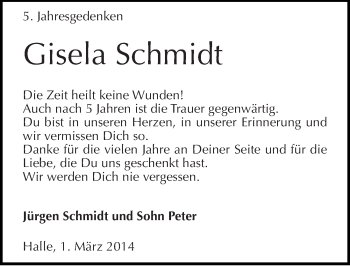 Traueranzeige von Gisela Schmidt von Mitteldeutsche Zeitung Halle/Saalkreis