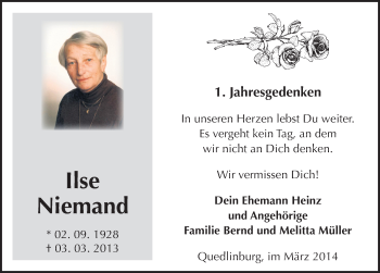 Traueranzeige von Ilse Niemand von Mitteldeutsche Zeitung Quedlinburg