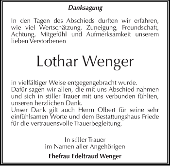 Traueranzeige von Lothar Wenger von Mitteldeutsche Zeitung Dessau-Roßlau