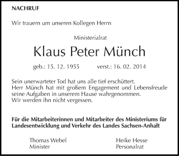 Traueranzeige von Klaus Peter Münch von Mitteldeutsche Zeitung Halle/Saalkreis
