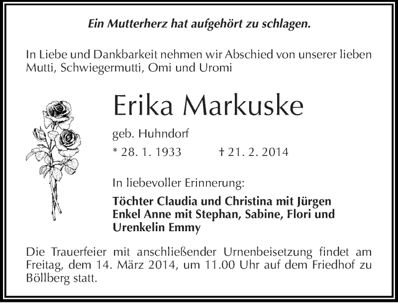  Traueranzeige für Erika Markuske vom 01.03.2014 aus Mitteldeutsche Zeitung Halle/Saalkreis