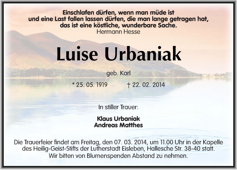  Traueranzeige für Luise Urbaniak vom 01.03.2014 aus Mitteldeutsche Zeitung Mansfelder Land