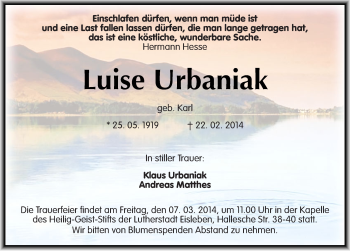 Traueranzeige von Luise Urbaniak von Mitteldeutsche Zeitung Mansfelder Land