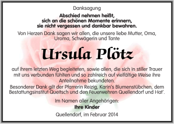 Traueranzeige von Ursula Ptötz von Mitteldeutsche Zeitung Köthen
