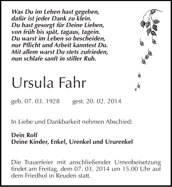Traueranzeige von Ursula Fahr von Mitteldeutsche Zeitung Zeitz
