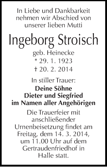 Traueranzeige von Ingeborg Stroisch von Mitteldeutsche Zeitung Halle/Saalkreis