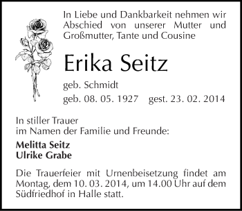 Traueranzeige von Erika Seitz von Mitteldeutsche Zeitung Halle/Saalkreis