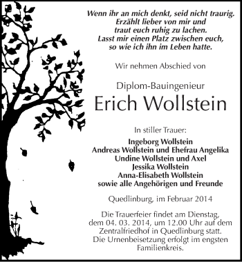 Traueranzeige von Erich Wollstein von Mitteldeutsche Zeitung Quedlinburg