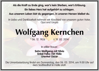 Traueranzeige von Wolfgang Kernchen von Mitteldeutsche Zeitung Halle/Saalkreis