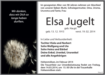 Traueranzeige von Elsa Jugelt von Mitteldeutsche Zeitung Weißenfels