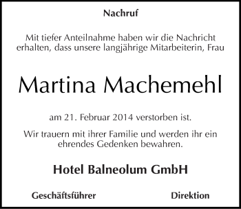 Traueranzeige von Martina Machemehl von Mitteldeutsche Zeitung Quedlinburg