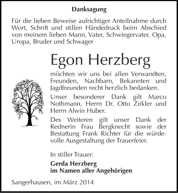Traueranzeige von Egon Herzberg von Mitteldeutsche Zeitung Sangerhausen