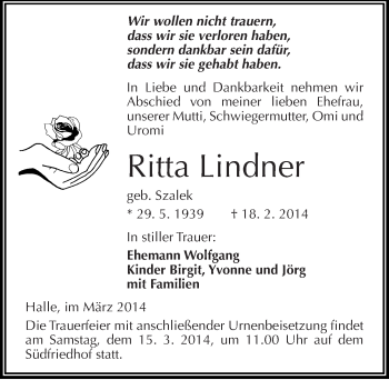 Traueranzeige von Ritta Lindner von Mitteldeutsche Zeitung Halle/Saalkreis