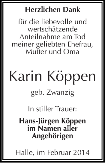 Traueranzeige von Karin Köppen von Mitteldeutsche Zeitung Halle/Saalkreis