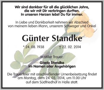 Traueranzeige von Günter Standke von Mitteldeutsche Zeitung Halle/Saalkreis