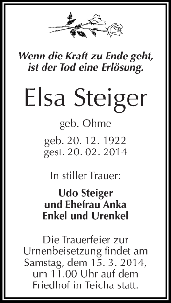 Traueranzeige von Elsa Steiger von Mitteldeutsche Zeitung Halle/Saalkreis