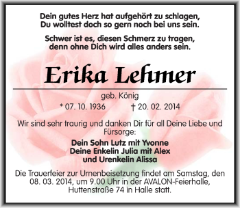 Traueranzeige von Erika Lehmer von Mitteldeutsche Zeitung Halle/Saalkreis