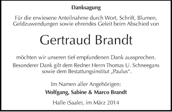 Traueranzeige von Gertraud Brandt von Mitteldeutsche Zeitung Halle/Saalkreis
