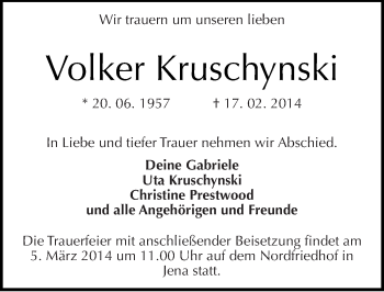 Traueranzeige von Volker Kruschynski von Mitteldeutsche Zeitung Halle/Saalkreis
