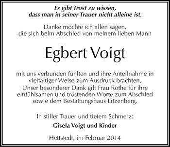 Traueranzeige von Egbert Voigt von Mitteldeutsche Zeitung Mansfelder Land