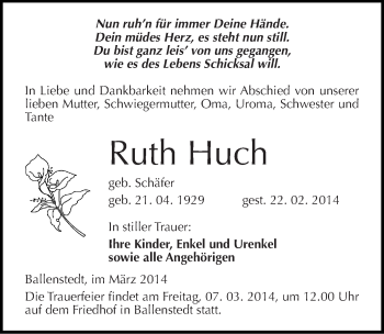 Traueranzeige von Ruth Huch von Mitteldeutsche Zeitung Quedlinburg
