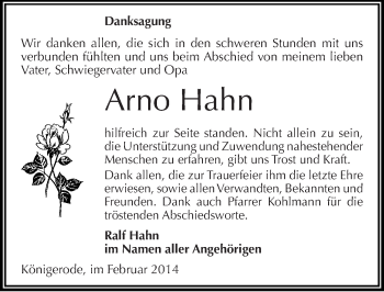 Traueranzeige von Arno Hahn von Mitteldeutsche Zeitung Quedlinburg