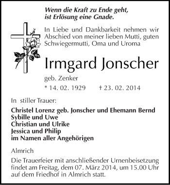 Traueranzeige von Irmgard Jonscher von Mitteldeutsche Zeitung Naumburg/Nebra